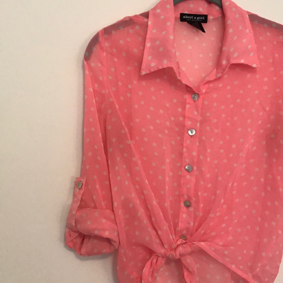 Sheer Hot Pink Polka Dot button up - Picture 1 of 5